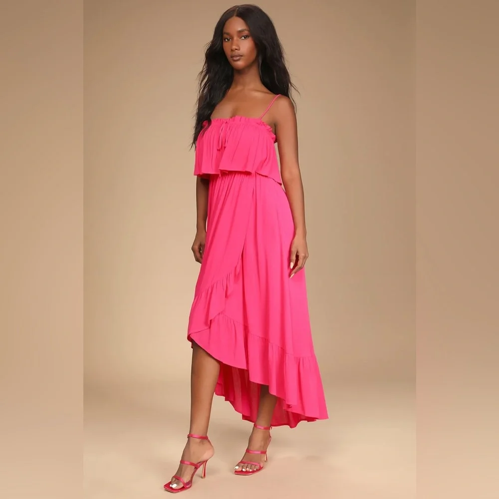 Lulus Sincerely Yours Magenta Ruffled Midi Dress - Picture 3 of 9